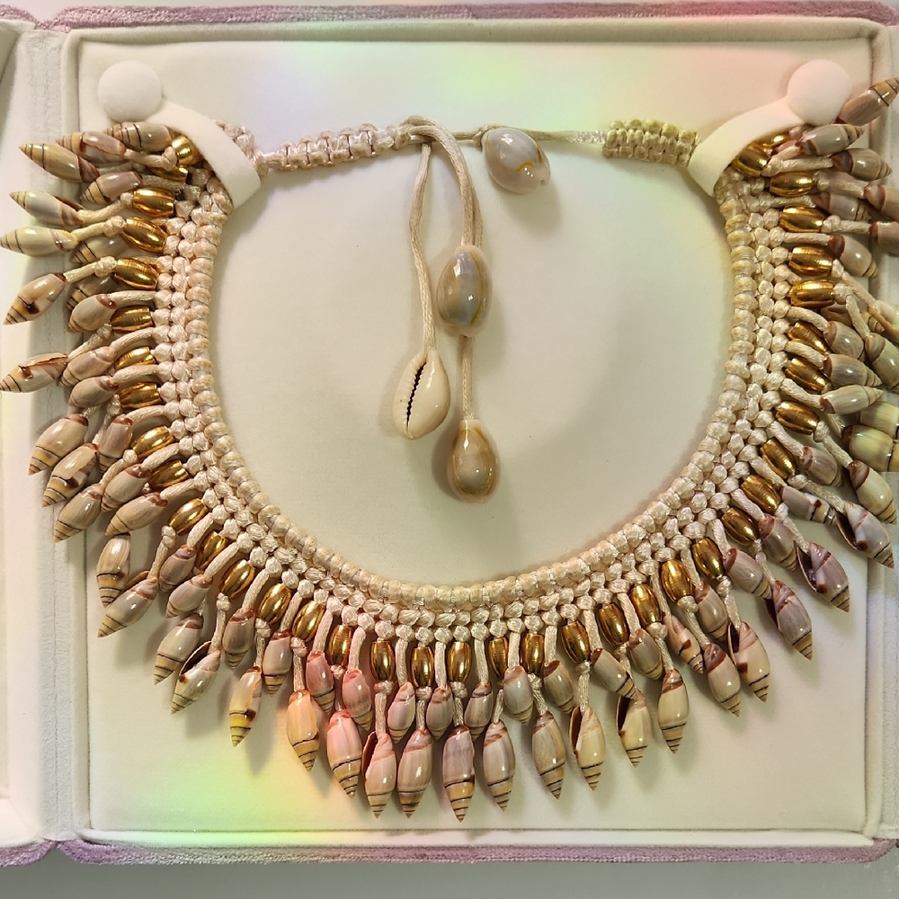 Gold and Cream Colar Tribal Shell Statement Necklace with Dramatic Fringe